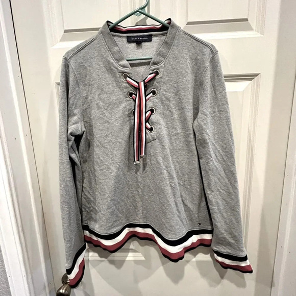 Tommy Hilfiger Gray French Terry Sweatshirt Lace Up Front women’s size‎ Large - Picture 1 of 9